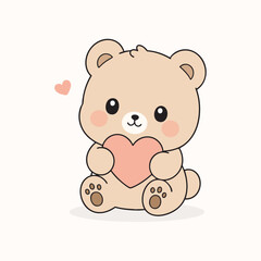 Cute kawaii teddy bear holding heart, valentines day cartoon character vector illustration © ARO