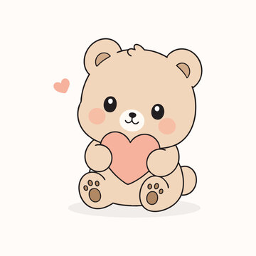 Cute kawaii teddy bear holding heart, valentines day cartoon character vector illustration