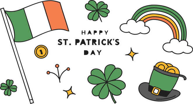 Happy St Patrick Day greeting vector element set with Irish flag shamrock clover rainbow gold coins and leprechaun hat isolated on white backgroundHappy St Patrick Day greeting vector element set with