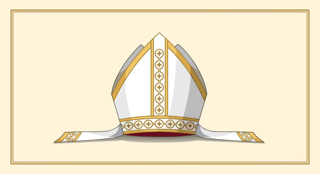 Ornately decorated white and gold bishop miter with cross patterns stands centrally within a framed religious themed background design.
