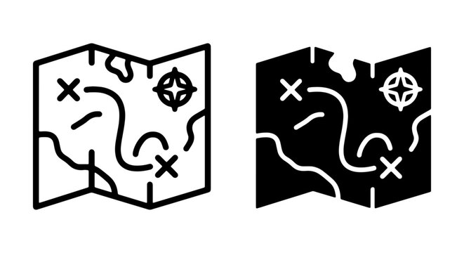 Treasure Map Icons, Navigation Chart Graphics, Adventure Quest Symbols, Exploration Route Vector