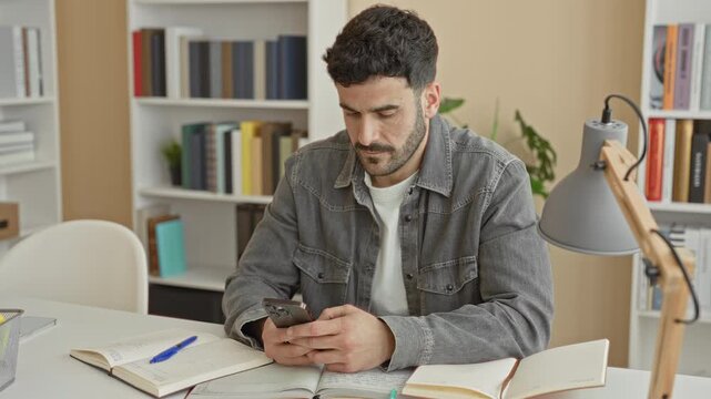 Man holds smartphone and gestures with open hand over notebooks and open books at a desk in a building; frustration.