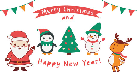 Merry Christmas and Happy New Year greeting banner with cute Santa Claus penguin snowman reindeer and decorated tree cartoon characters.Merry Christmas and Happy New Year greeting banner with cute San © MdAnowar