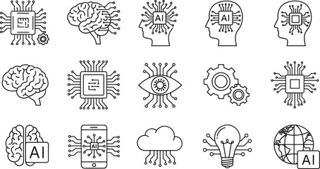 Obraz premium Artificial intelligence icons set, black and white vector with brain, microchip, gear, cloud, lightbulb, AI technology illustration