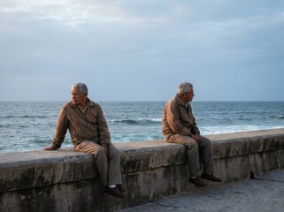 Fototapeta premium Two identical senior men sitting on sea wall looking opposite directions, inner conflict and reflection concept