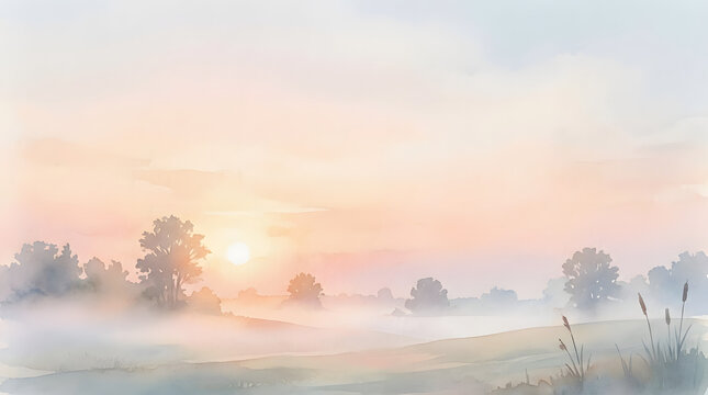 Dream and Sunrise for inspirational quote poster theme. Soft watercolor sunrise over a misty meadow with silhouetted trees.