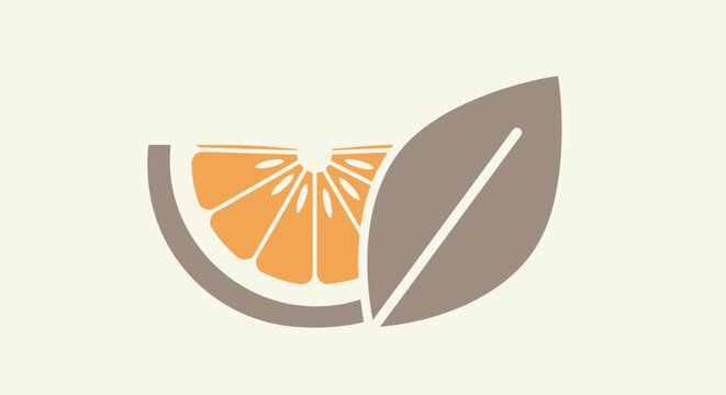 A minimalist graphic design featuring a half orange slice with a leaf, symbolizing freshness and natural ingredients.