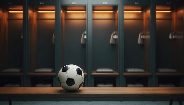 Soccer ball on a wooden bench in a professional locker room