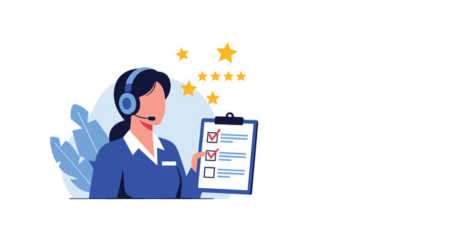 Professional female customer service agent wearing a headset holds a checklist with five stars representing high satisfaction and quality service.