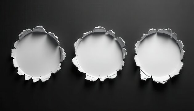 Three Circular Torn Paper Holes with Ragged Edges on a Dark Background