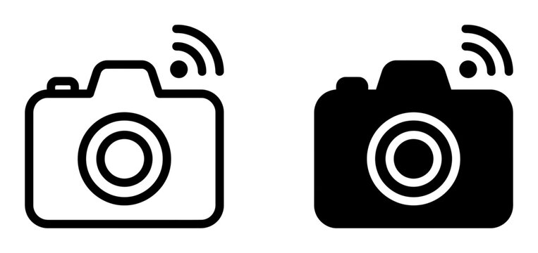 2 Camera icons with Wi-Fi signal, outline solid styles, UI and web interface design