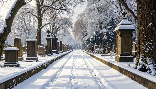 A serene winter scene in a cemetery. Snow covers the ground and the tops of tombstones, with frosted trees framing the pathway