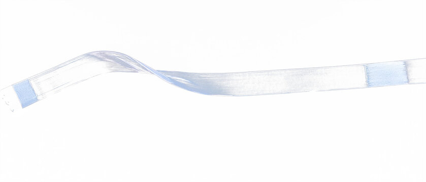 A flexible printed circuit cable curves across a black background, with white pads at its ends. Subtle reflections present