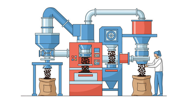 Complex industrial coffee processing machine roasts, grinds, and automatically fills large burlap sacks with fresh roasted coffee beans.
