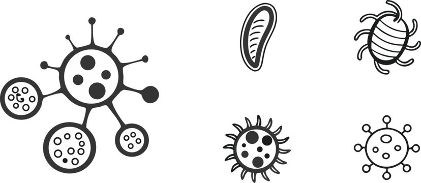 Microbiology virus and bacteria cell vector icon set with various abstract pathogen microbe organisms isolated on white background.Microbiology virus and bacteria cell vector icon set with various abs