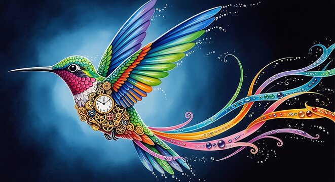 Hummingbird with steampunk clockwork gears and colorful feathers