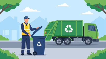 A municipal worker wearing a bright yellow safety vest stands beside a large green garbage truck, carefully opening the lid of a dark blue recycling bin on a peaceful and quiet suburban street midday © Skyframe