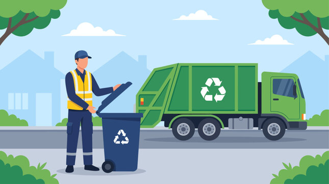 A municipal worker wearing a bright yellow safety vest stands beside a large green garbage truck, carefully opening the lid of a dark blue recycling bin on a peaceful and quiet suburban street midday