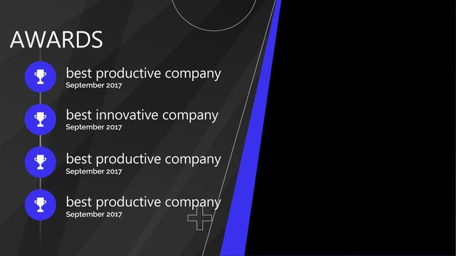 Awards list featuring multiple company excellence citations is presented on a sleek dark interface with blue diagonal accents and a large empty black panel intended for customized professional text.