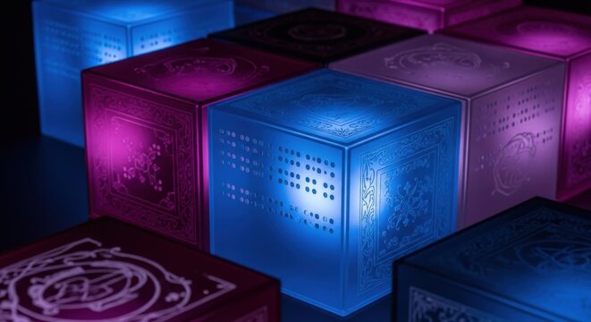 Glowing cubes, illuminated blocks, colorful decorative objects, blue and pink lights