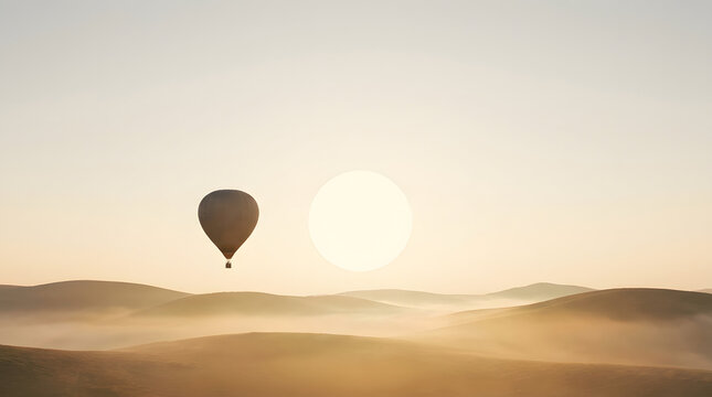 Dream and Sunrise for inspirational quote poster theme. Hot air balloon drifting over golden desert dunes at sunrise
