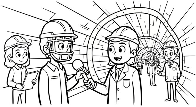 Engineers discussing inside large industrial tunnel facility.