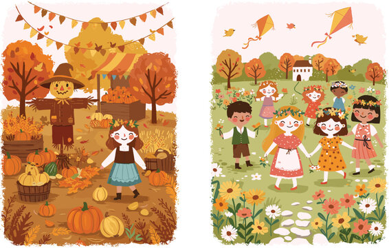Autumn and spring kids festival scenes, happy children playing outdoors with pumpkins, flowers, and kites in seasonal landscapes, vector illustration