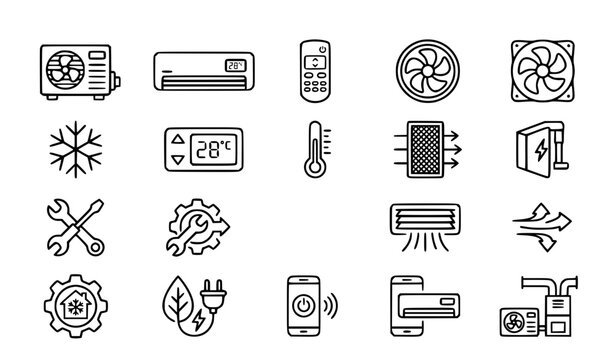 Air conditioning line icon set AC unit and climate control vector