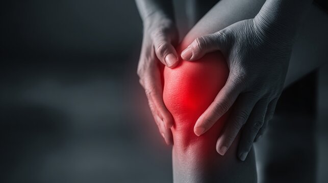 Person holding a painful knee with red inflammation highlight.