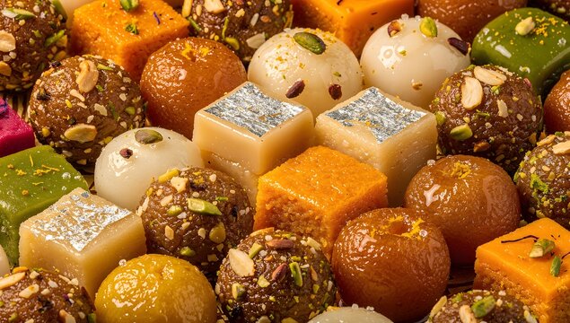 Extreme close-up of assorted Indian sweets including laddoo barfi kaju katli rasgulla and gulab jamun