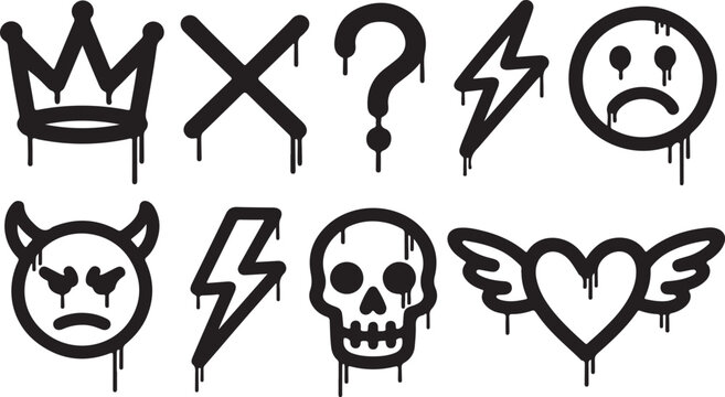 Graffiti style icons featuring a crown skull heart and other symbols with dripping paint