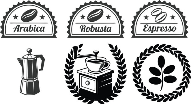 Vintage coffee label emblem set featuring arabica robusta espresso badges moka pot manual grinder and decorative botanical laurel wreaths.Vintage coffee label emblem set featuring arabica robusta espr