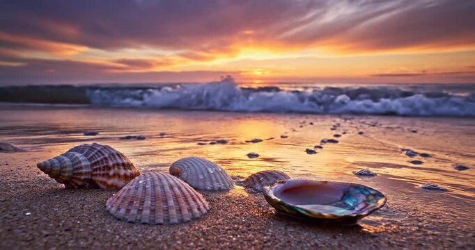 Seashells on sandy beach at sunset.