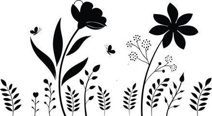 Wildflower meadow style vector illustration set with elegant black flower silhouettes and flying butterflies isolated on white background.Wildflower meadow style vector illustration set with elegant b © MdAnowar