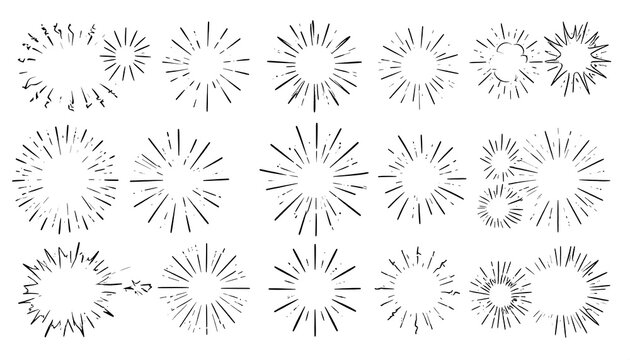 Assorted vector illustrations depict various radial burst elements, including sunbursts and starburst designs, showcasing divergent lines from a central point