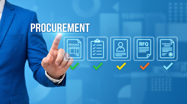 Business procurement concept, office workflow icons, purchasing process, supply chain management
