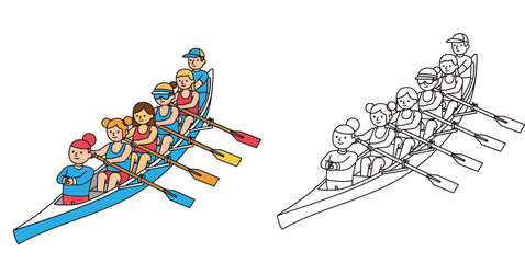 Rowing Team Athletes Rowing Boat Together Illustration Set with Colored and Black and White Line Art Version for Coloring Book, Sports Competition, Teamwork and Outdoor Activity Concept © MstTabassum