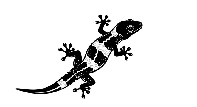 Tribal gecko lizard illustration in black and white silhouette