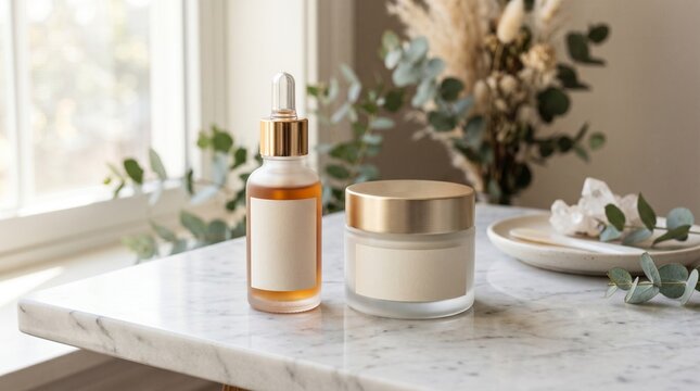 Still life of skincare products on a marble countertop near a window