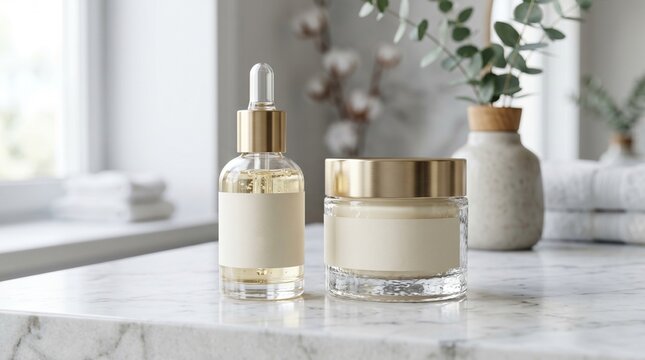 Serum and cream skincare products on marble countertop with gold