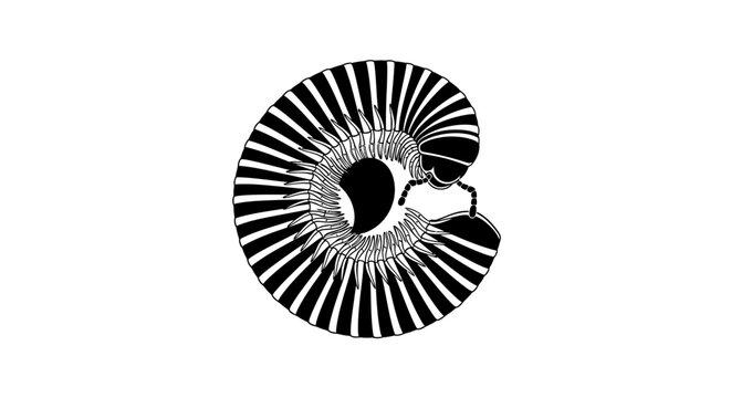 Stylized millipede graphic in a circular spiral shape