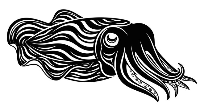 Stylized monochrome cuttlefish illustration with flowing wave patterns