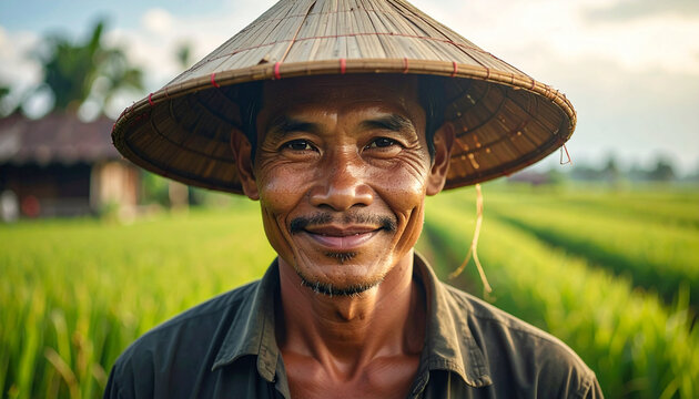 Smiling farmer portrait in field wearing hat agricultural lifestyle concept