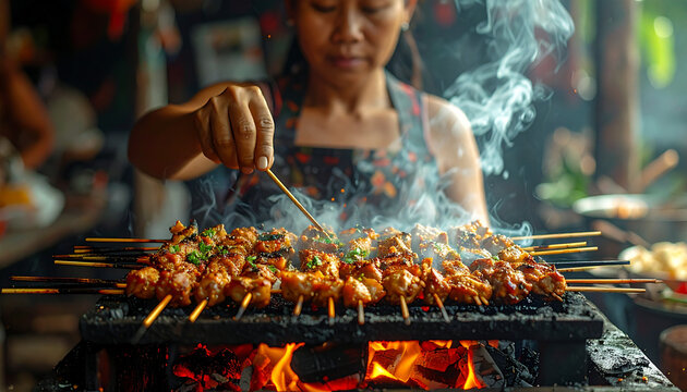 Woman cooking skewers over hot charcoal with smoke close up