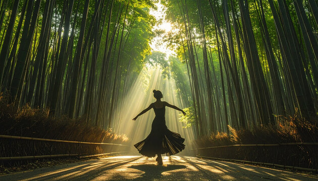Woman dancing in sunlit bamboo forest path nature landscape