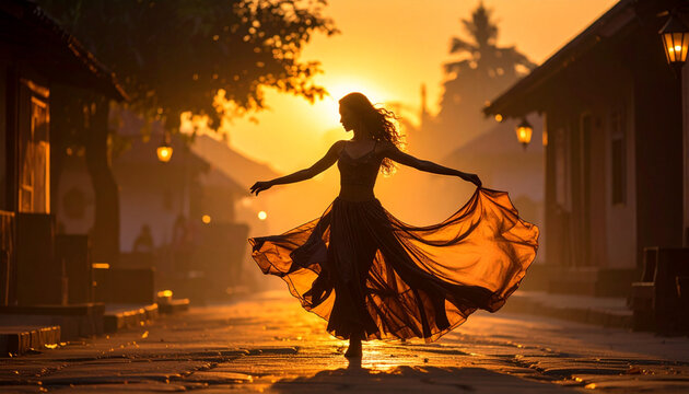Woman dancing joyfully at sunset with flowing dress and warm light