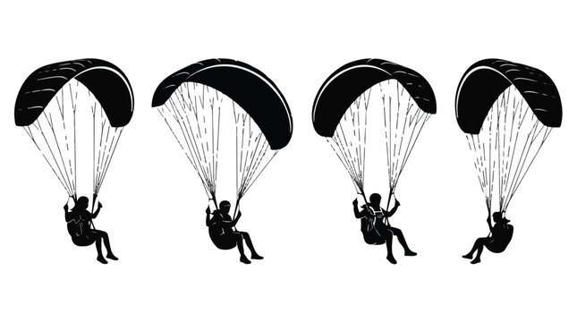 Four black silhouettes of people paragliding