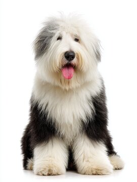 Shaggy Old English Sheepdog Sitting White Background Tongue Out Playful Expression Studio Portrait