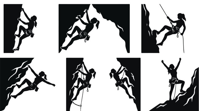 Silhouettes of people rock climbing in various poses and positions