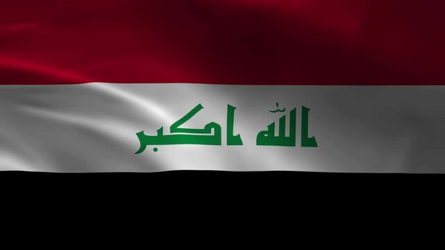 iraq flag waving in wind realistic 4k loop background national symbol of republic of iraq with red white black horizontal stripes and green takbir calligraphy for news documentary and patriotic concep